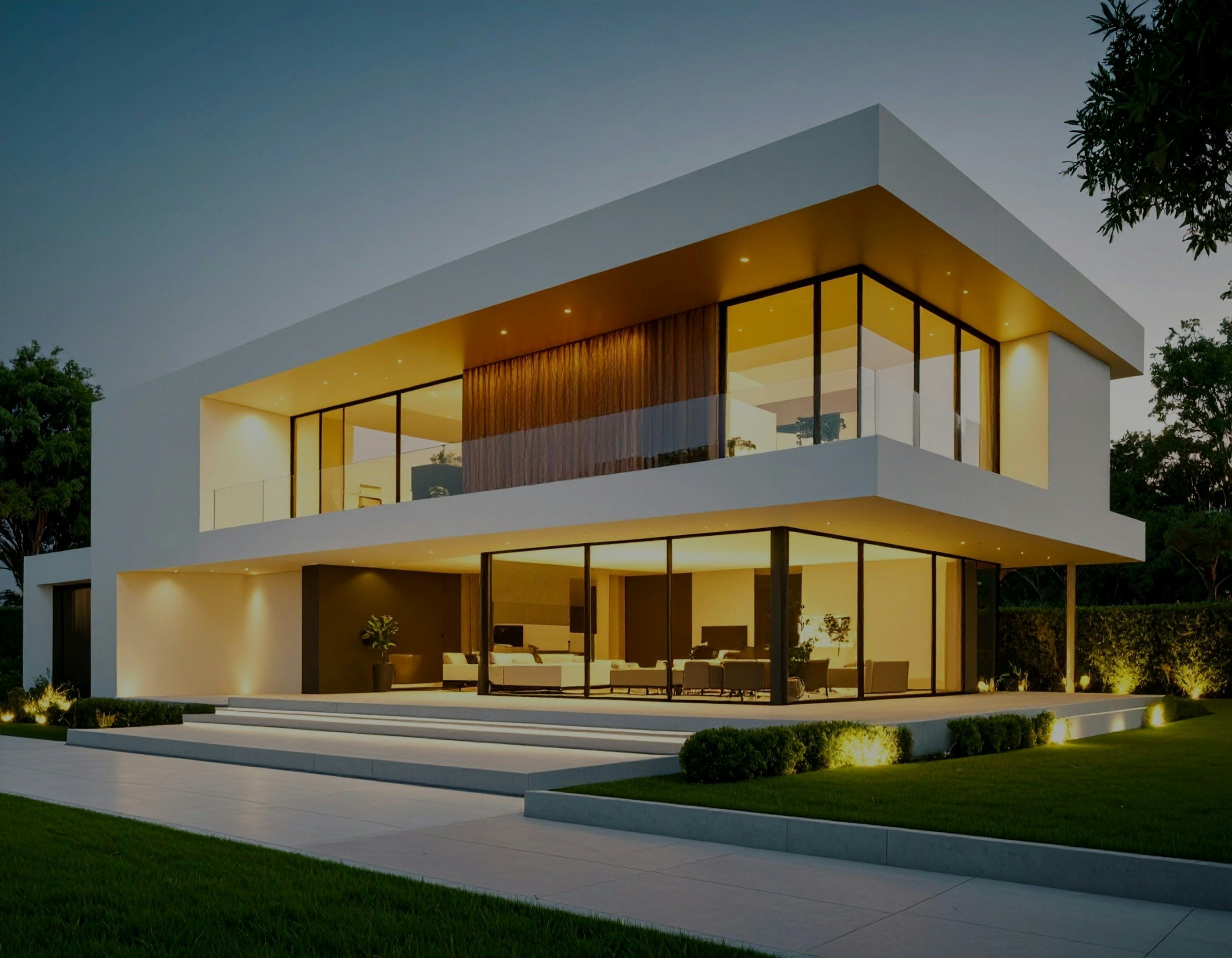 Casa contemporânea de dois pavimentos ao entardecer, com grandes panos de vidro iluminados por dentro (imagem meramente ilustrativa, não é obra do escritório)